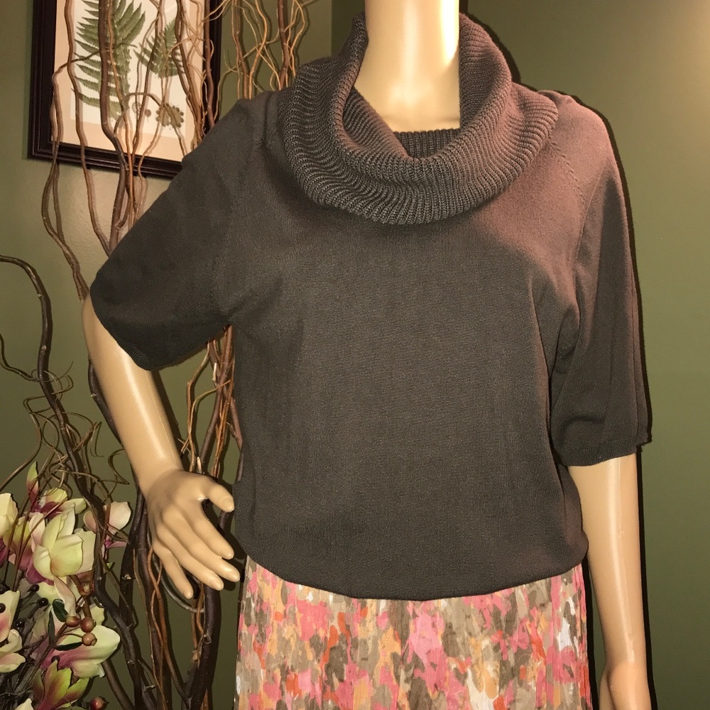 ANDREA JOVINE WORKSHOP "Olive Brown Short Sleeve Cowl Neck Sweater Sz Large~EUC!